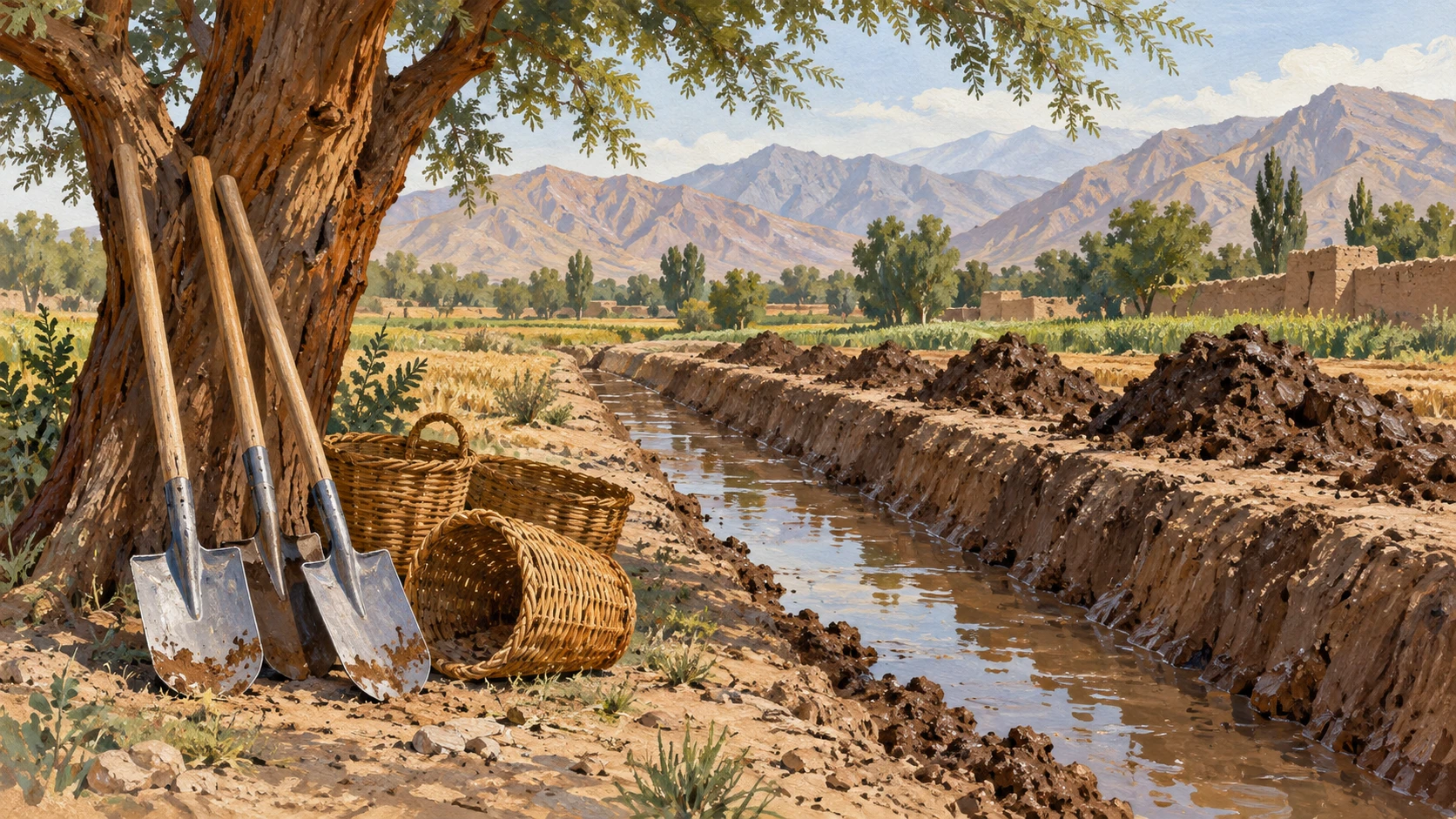 Civil works still life of traditional canal maintenance showing an excavated ditch, silt mounds, and steel shovels along a village waterway.