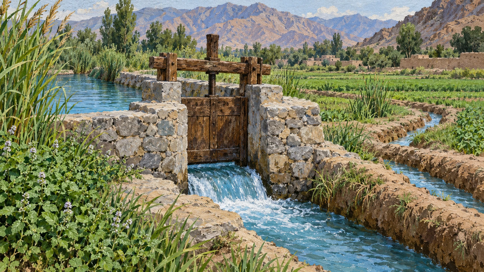 Documentary still life of a traditional stone-and-mortar canal diversion intake with a heavy wooden sluice gate controlling irrigation water flow into field furrows.