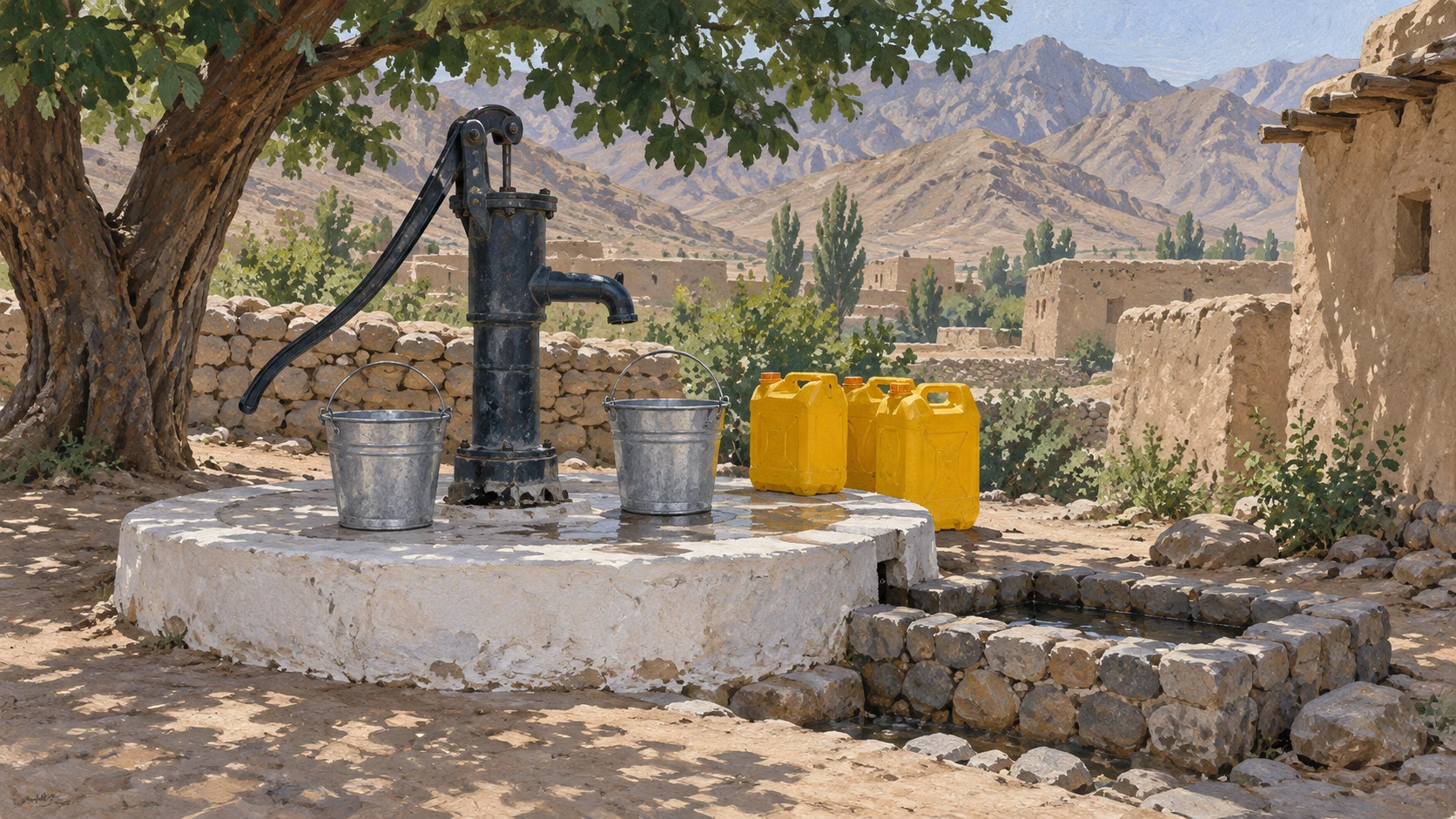 Architectural still life of a rural domestic hand pump on a whitewashed concrete apron with steel water buckets and yellow plastic jerrycans.
