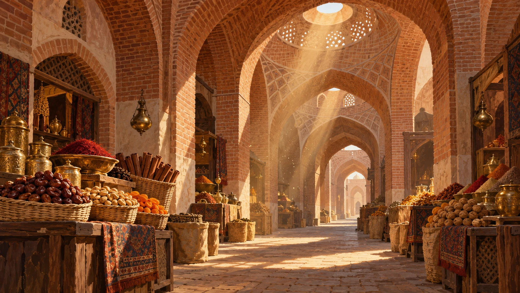 Wide interior architectural illustration of a historical covered brick bazaar arcade in Herat with spice and dried fruit stalls.