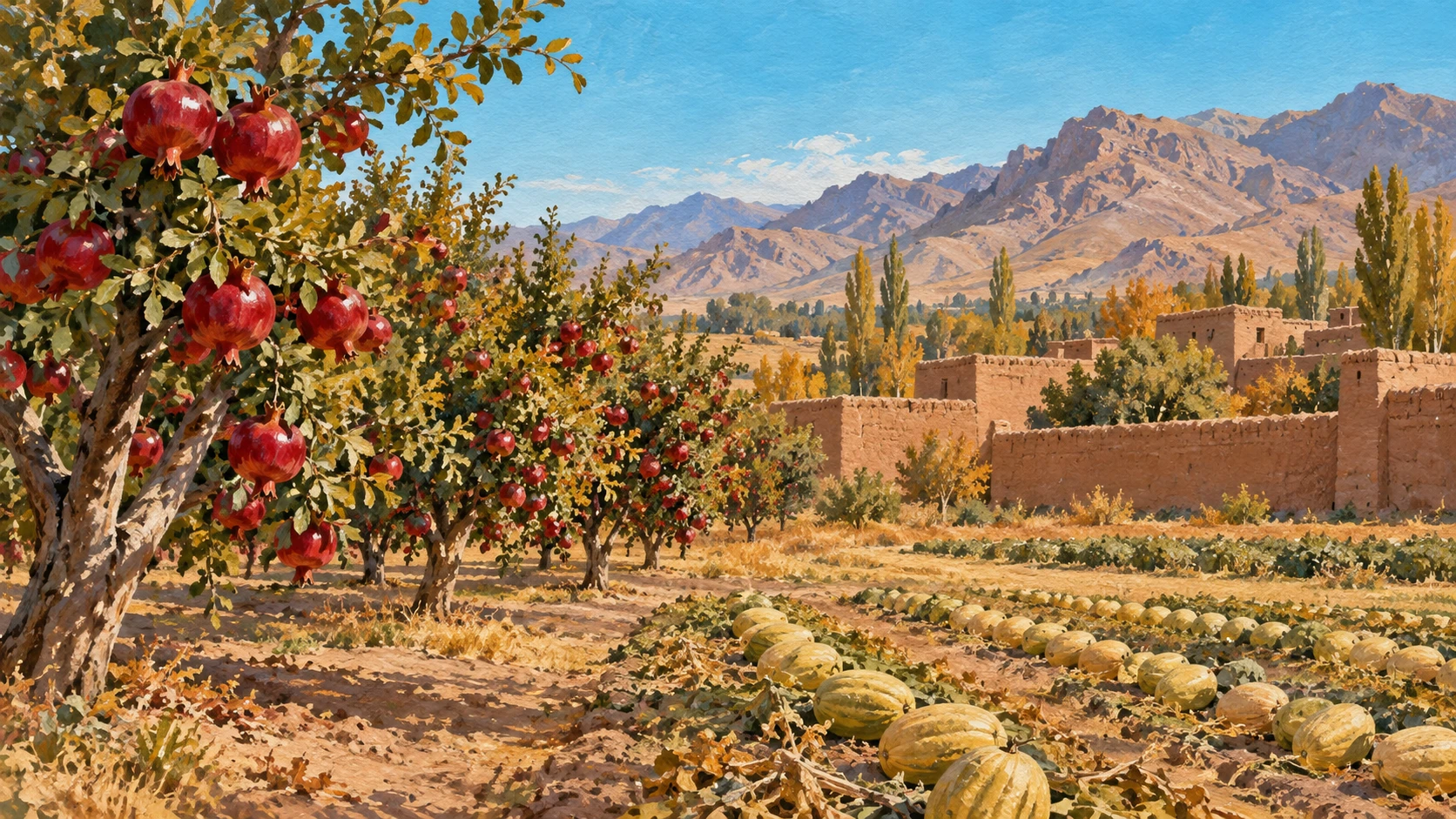 Wide agricultural landscape illustration of autumn pomegranate orchards and melon fields in an Afghan river basin.
