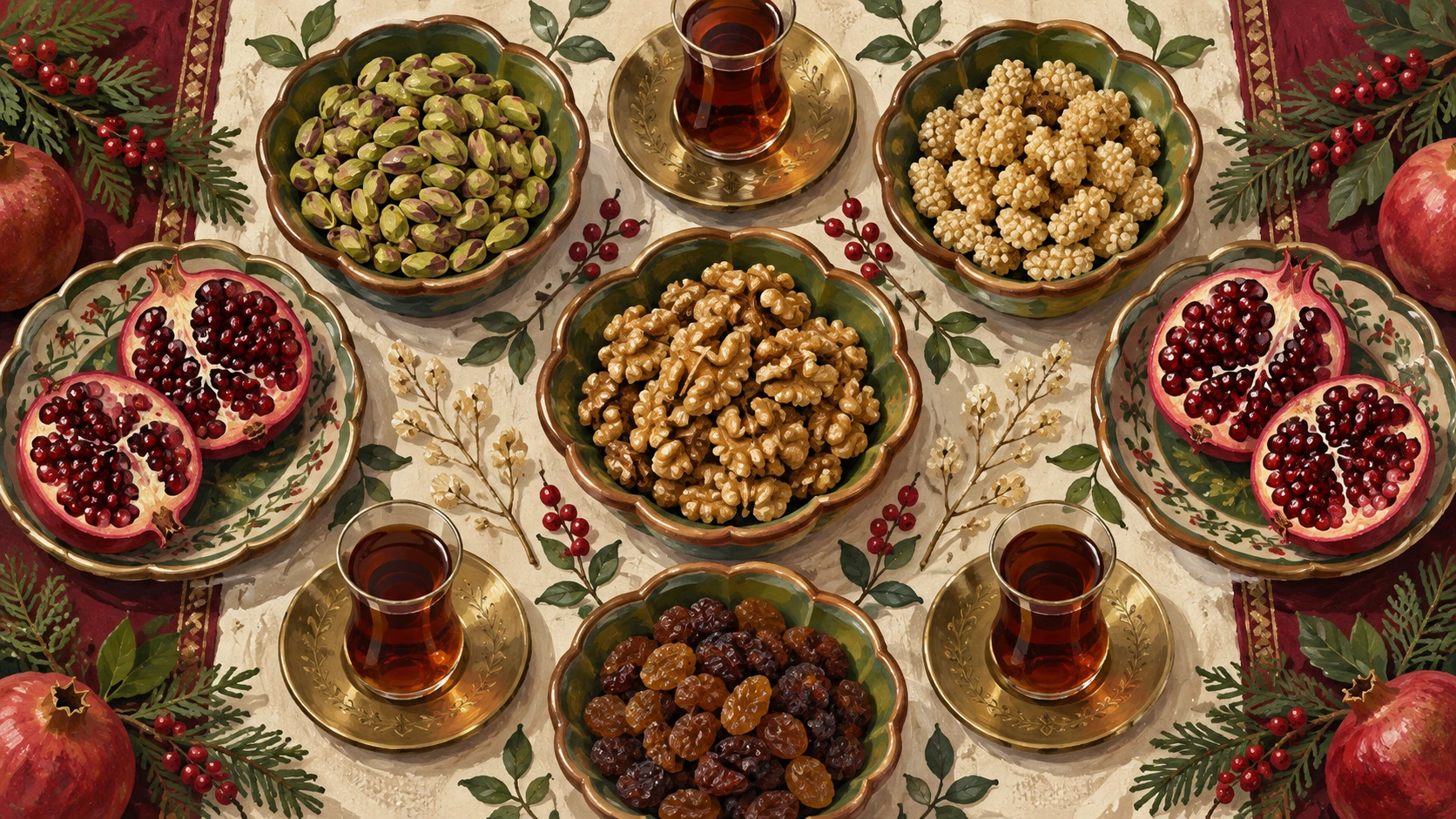 Wide overhead still-life illustration of festive seasonal dried fruits, pistachios, walnuts, and pomegranates.