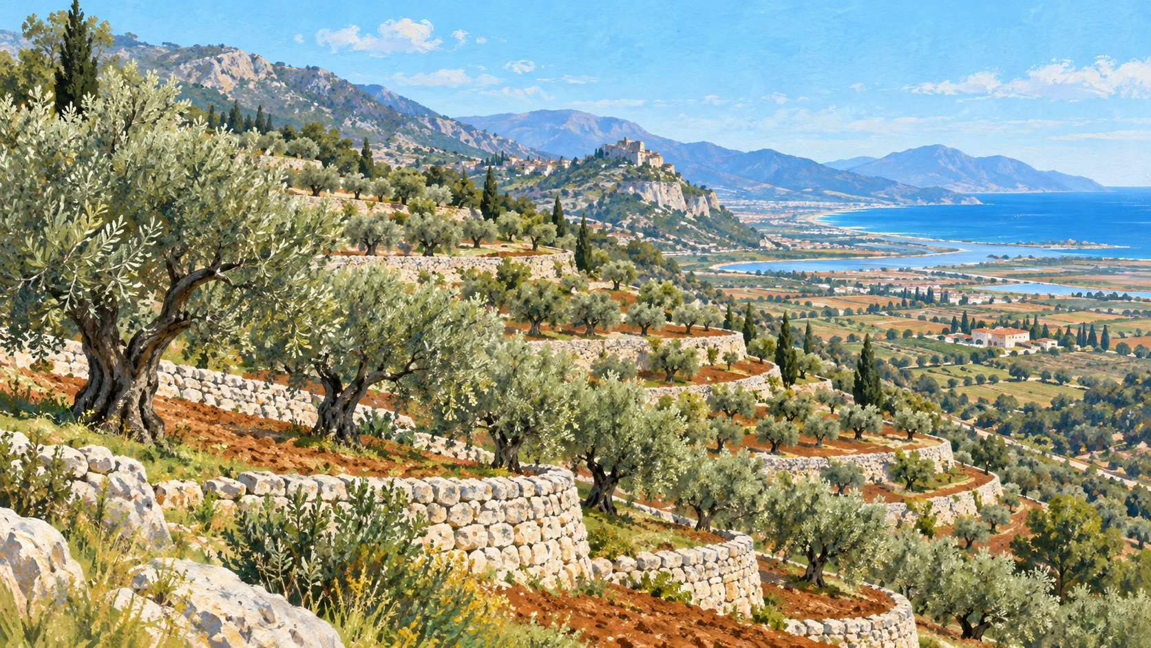An expansive agricultural and economic documentary vista of terraced ancient olive groves across the sunlit hills of Vlore and Berat.
