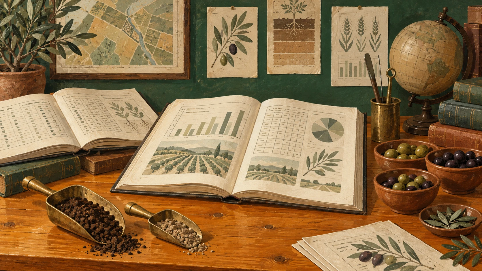An archival and economic documentary still life on an agronomic research desk.