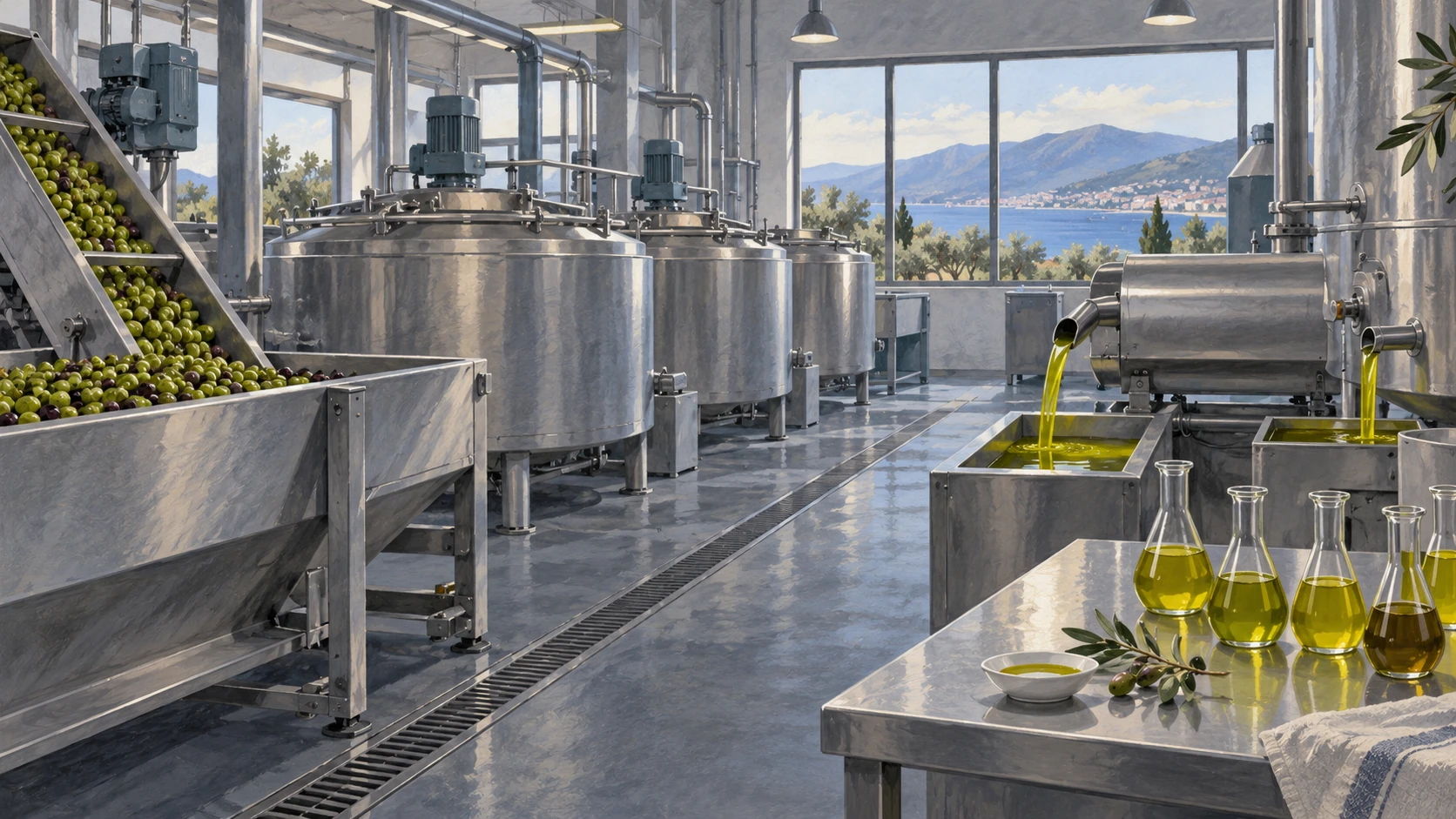 An industrial and artisanal interior documentary view of a modern stainless steel cold-press olive oil extraction mill in Vlore.