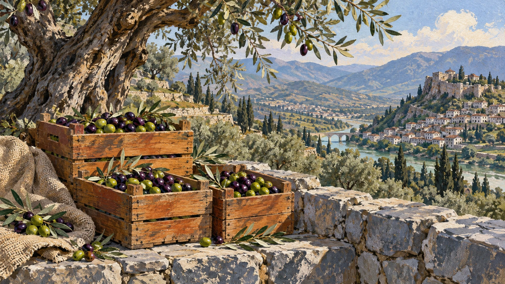An agricultural documentary landscape still life among sunlit olive terraces in Berat.