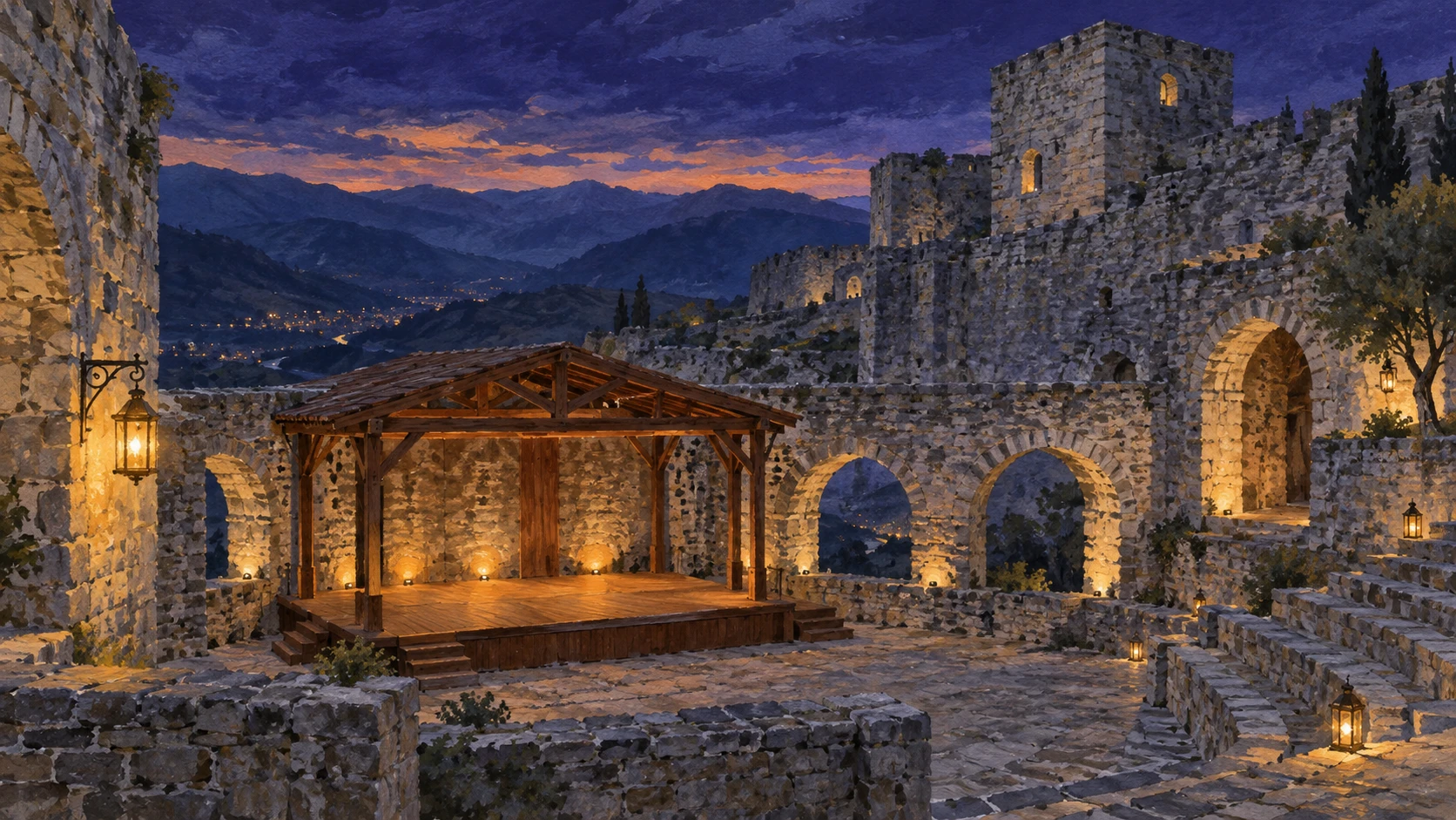 Architectural documentary view of the historic open-air festival stage within Gjirokastra fortress.