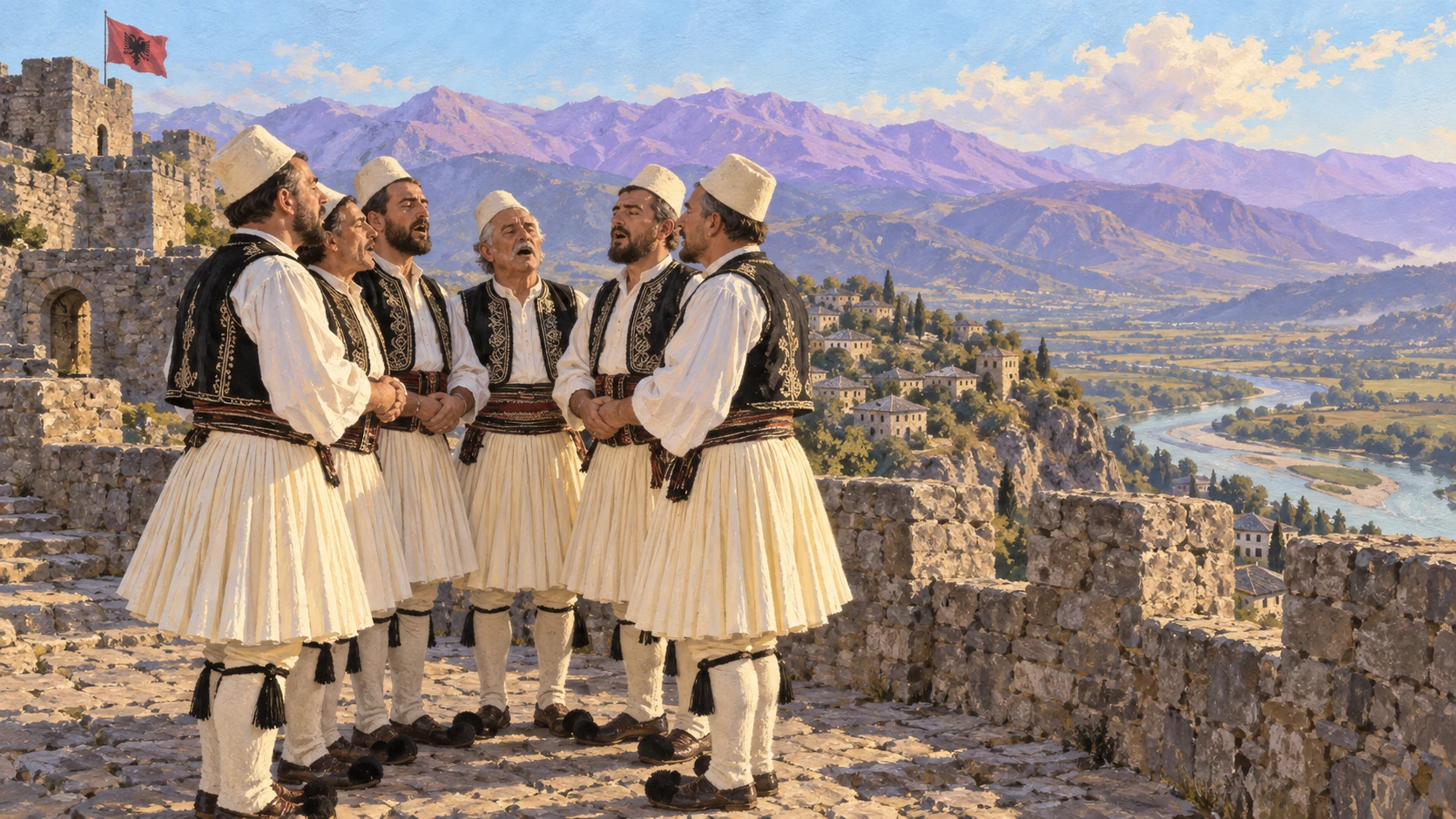 Expansive documentary performance view of an authentic Albanian folk iso-polyphonic male vocal ensemble.