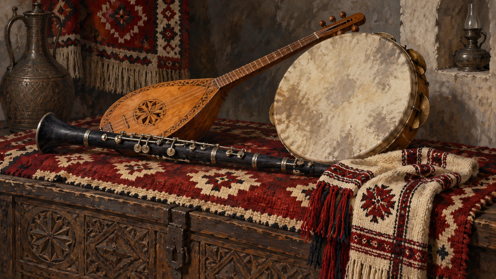 Artisanal documentary still life of traditional southern Albanian polyphonic accompaniment instruments.