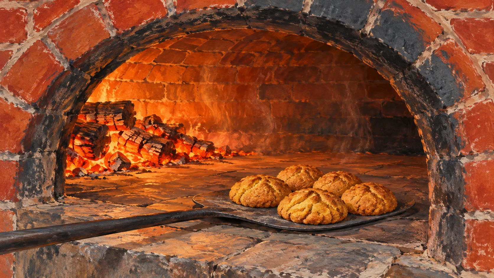 Domed red brick bakery hearth with glowing beechwood embers in Elbasan.