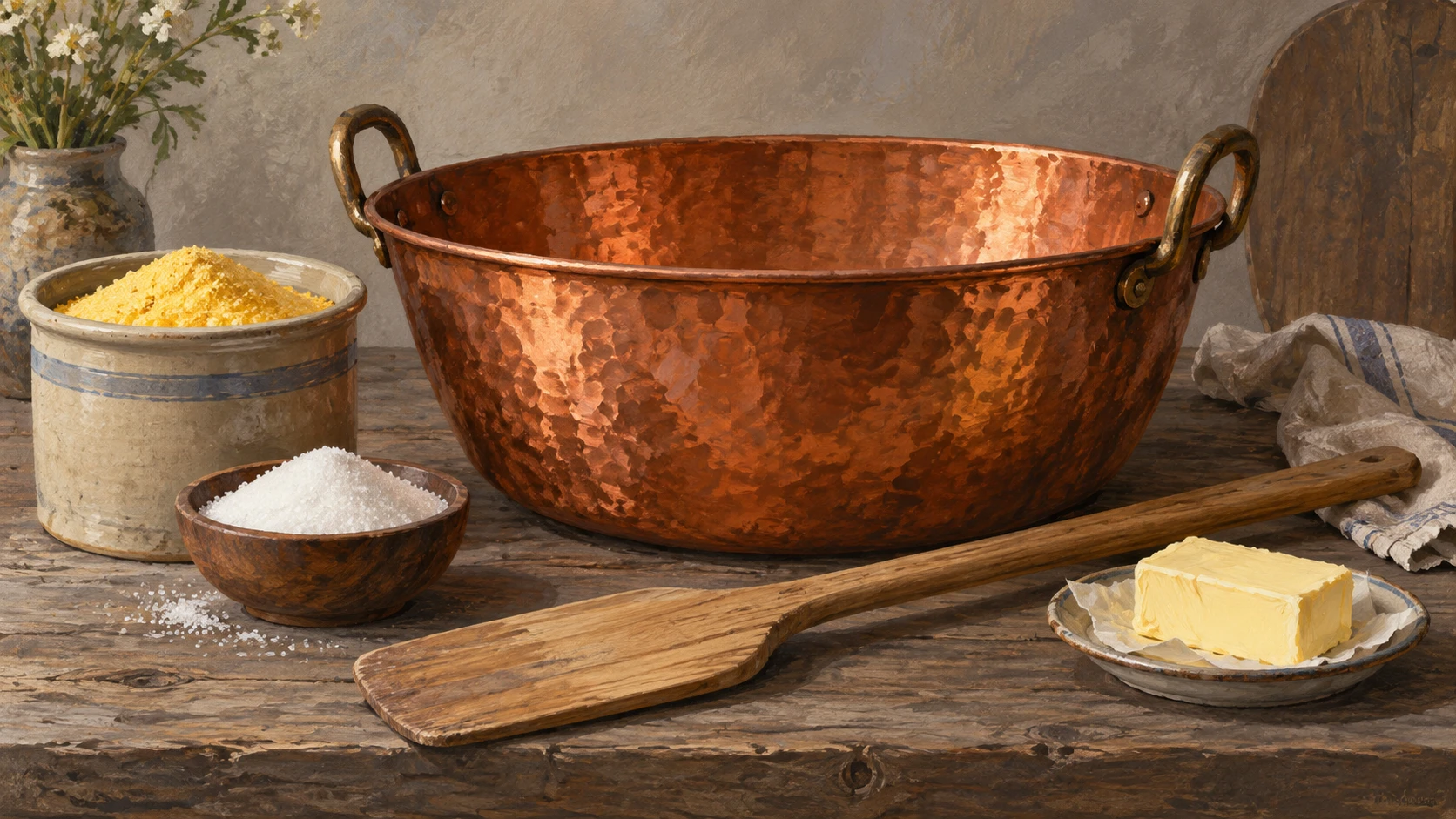 Culinary still life of hand hammered unlined copper basin and boxwood paddle.