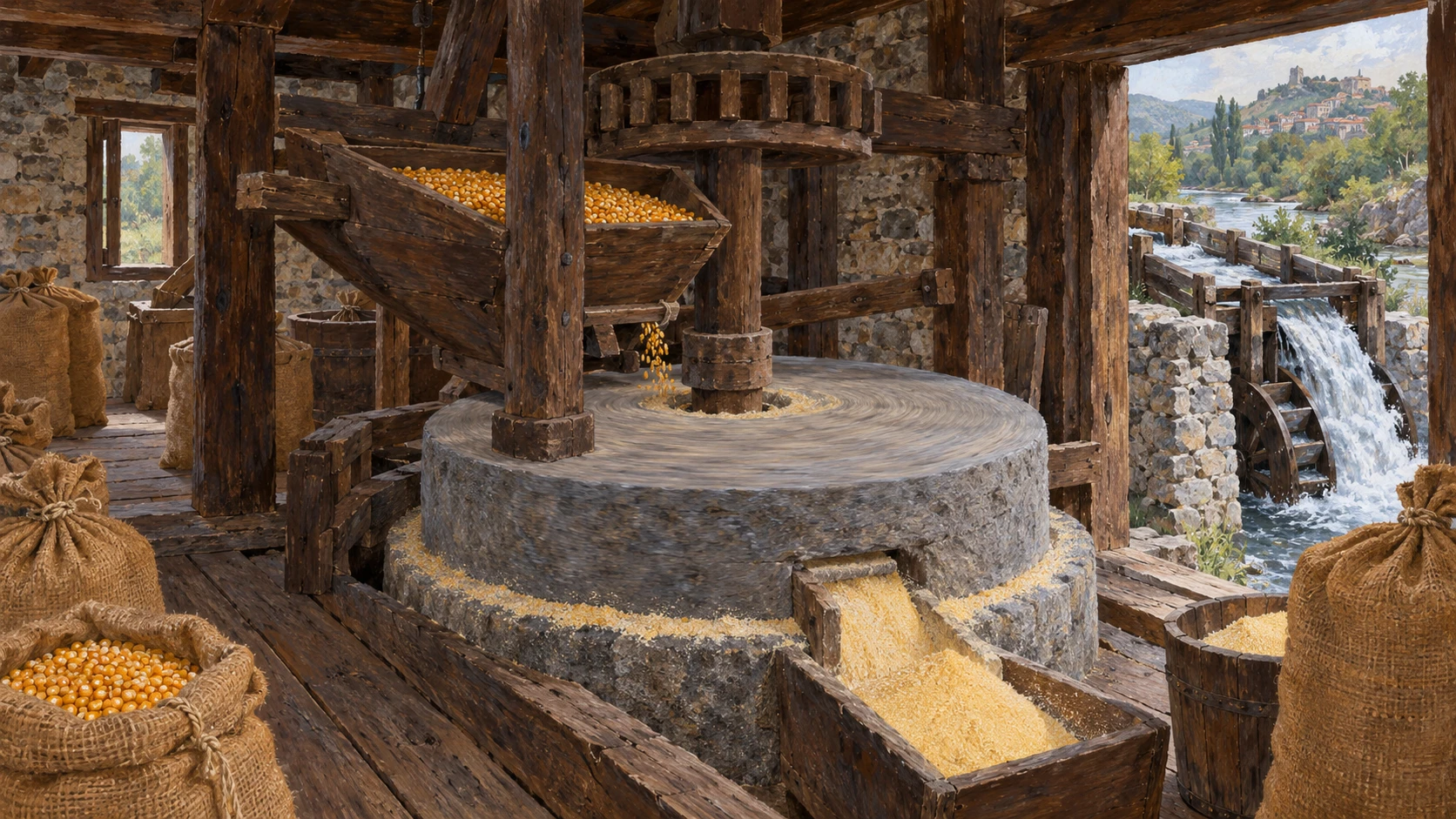 Traditional watermill granite millstones grinding dried maize into cornflour.