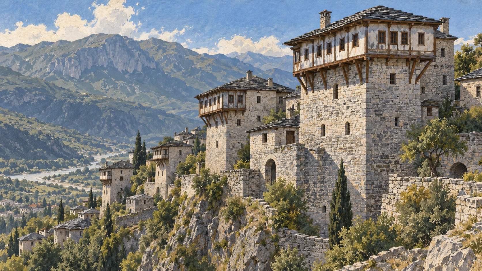 Architectural documentary view of Gjirokastra's monumental stone tower-houses.