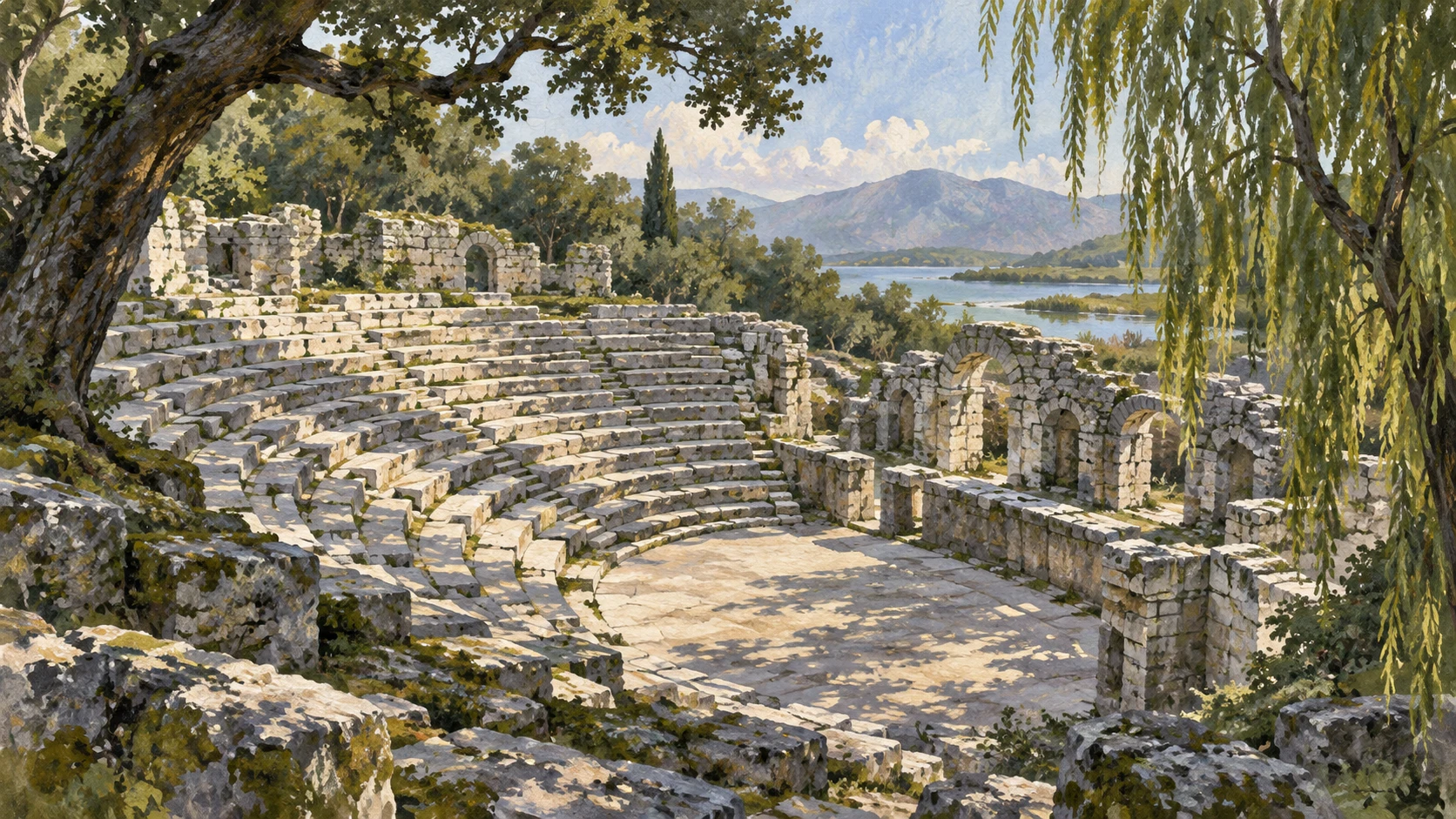 Architectural documentary view of the ancient Greco-Roman stone theatre at Butrint.