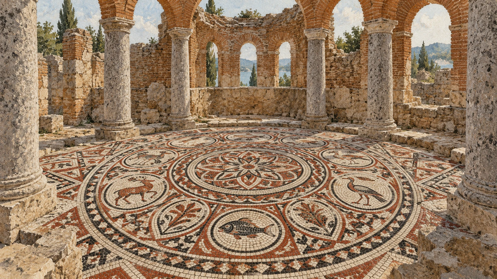 Artisanal documentary view of the 6th-century Early Christian Baptistery floor mosaic at Butrint.