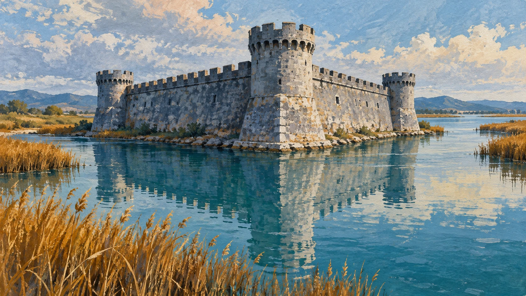 Architectural documentary view of the 15th-century Venetian triangular fortress guarding the Vivari Channel.