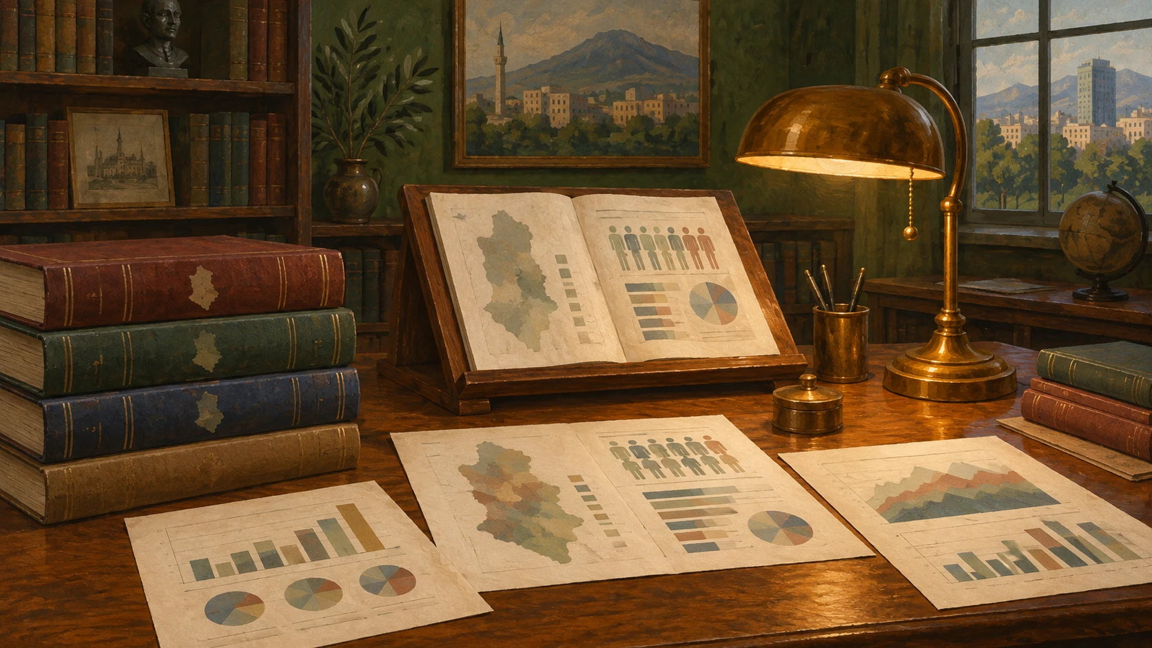 Archival and scholarly documentary still life on an oak library reading table in Tirana.