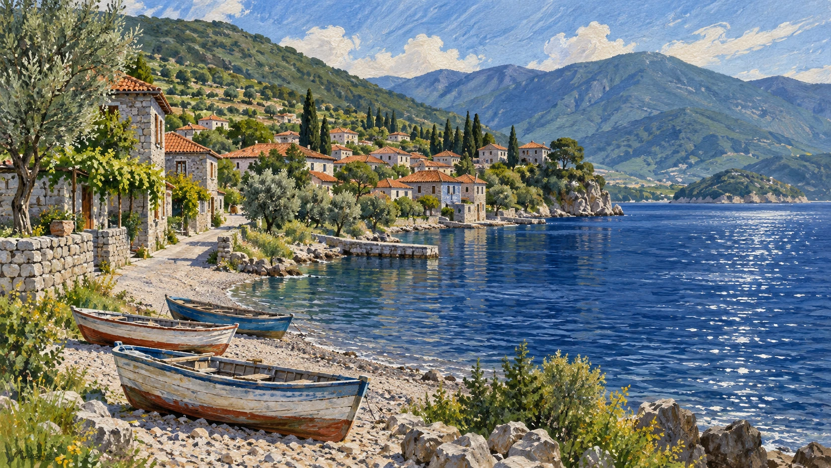Geographic and cultural documentary landscape view of the tranquil lakeside village of Pustec along Lake Prespa.