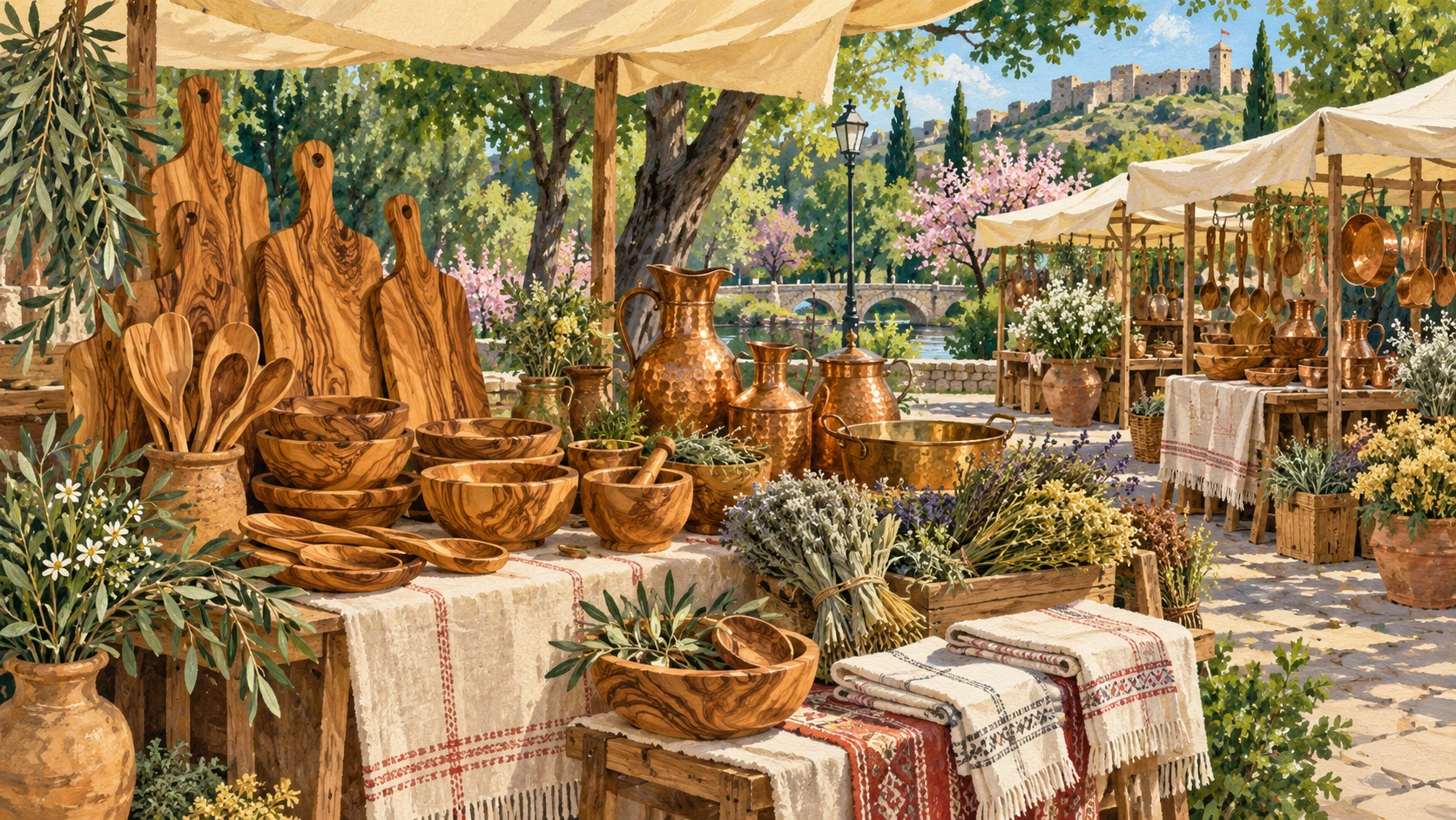 Artisanal documentary view of traditional wooden craft stalls at the seasonal spring fair.