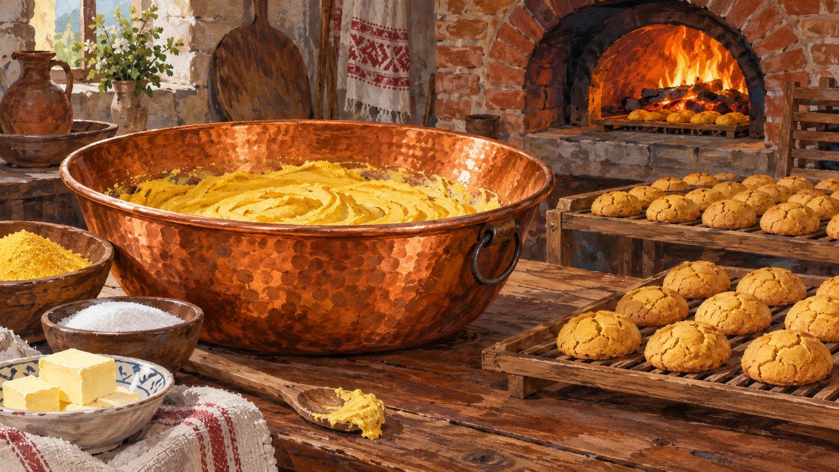 Artisanal culinary documentary close-up in a traditional Elbasan bakery atelier.