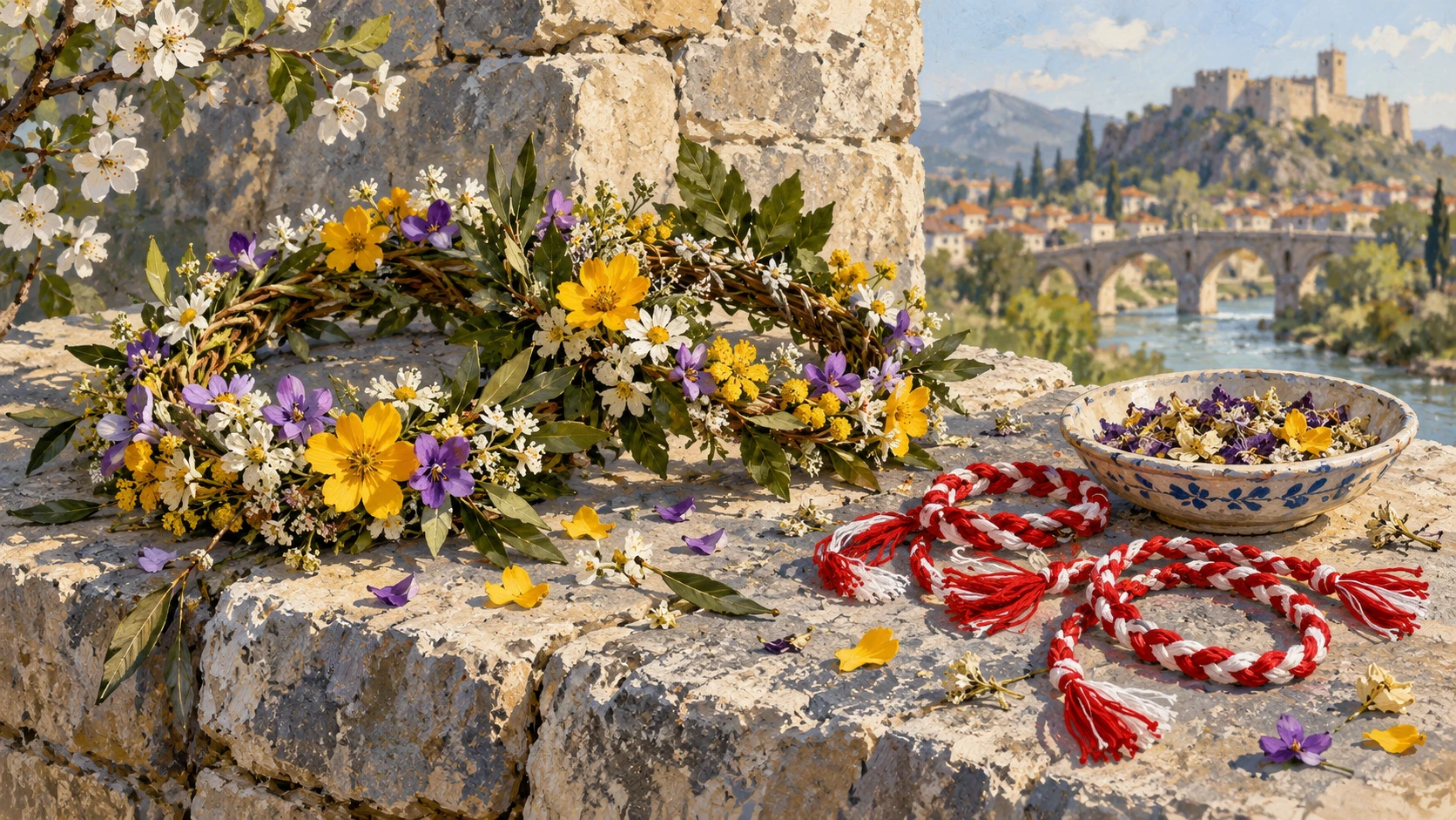 Cultural documentary still life composition celebrating Dita e Veres with spring wreaths.