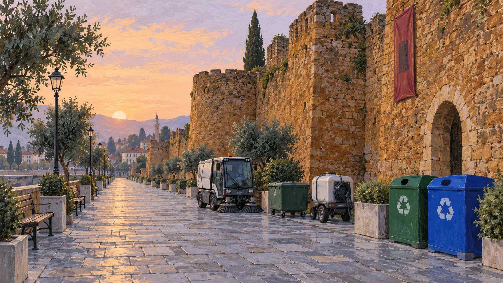 Urban infrastructure documentary view of a pedestrian promenade beside the ancient stone walls of Elbasan Castle.