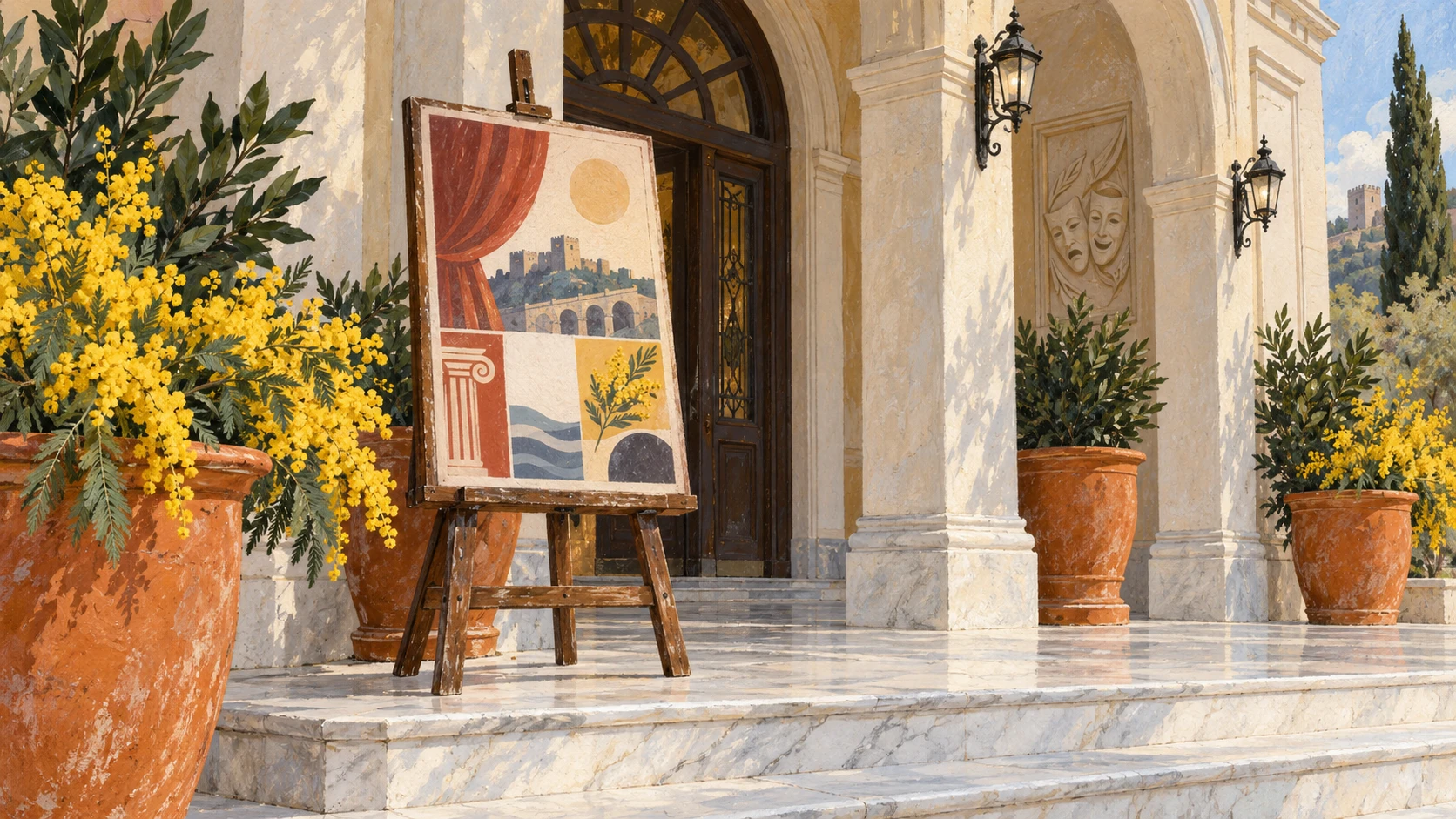 Architectural documentary still life outside the entrance portico of Skampa Theatre in Elbasan.
