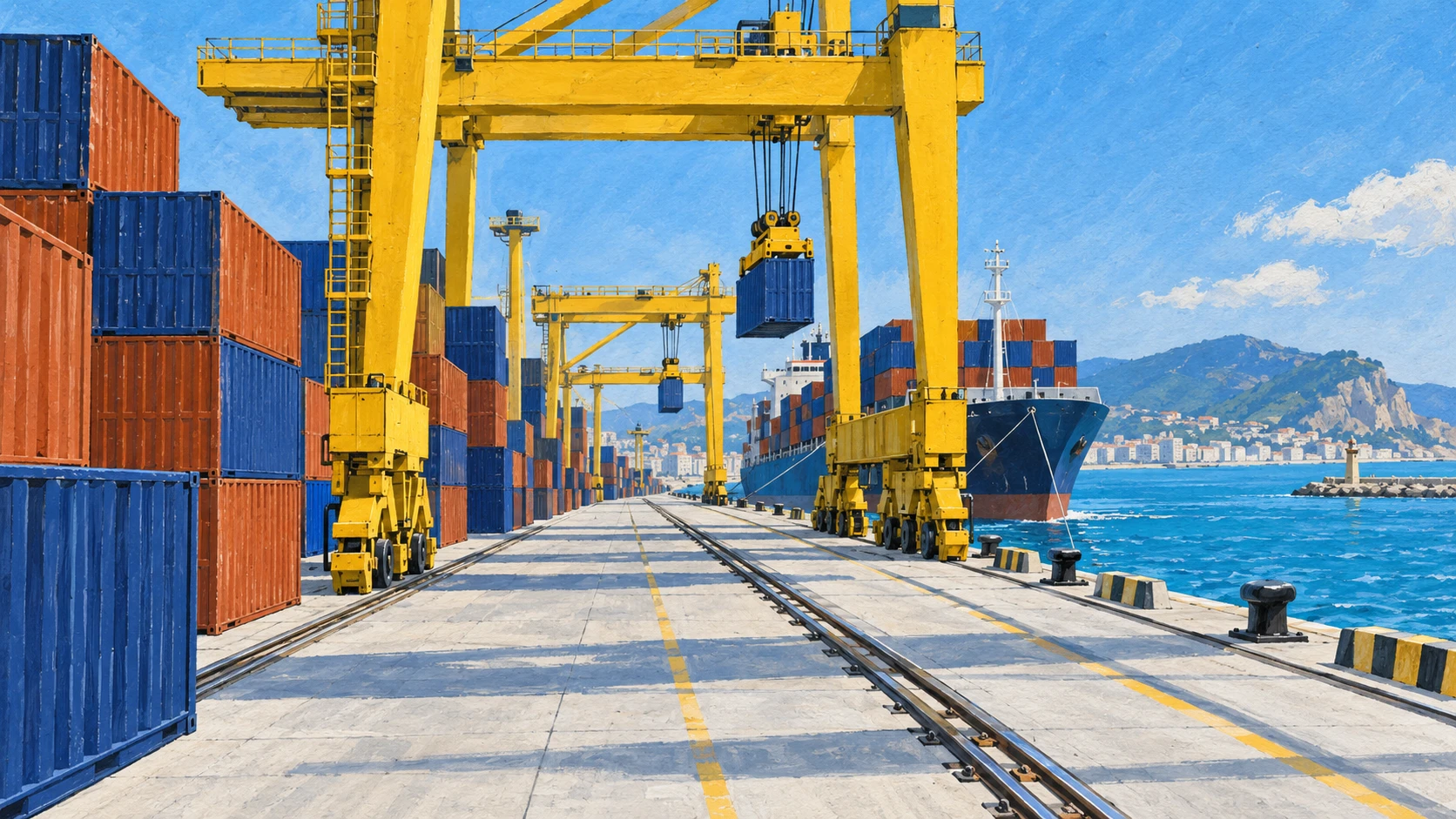 An industrial and engineering documentary view looking down the operational rail quay of the Durres container terminal.