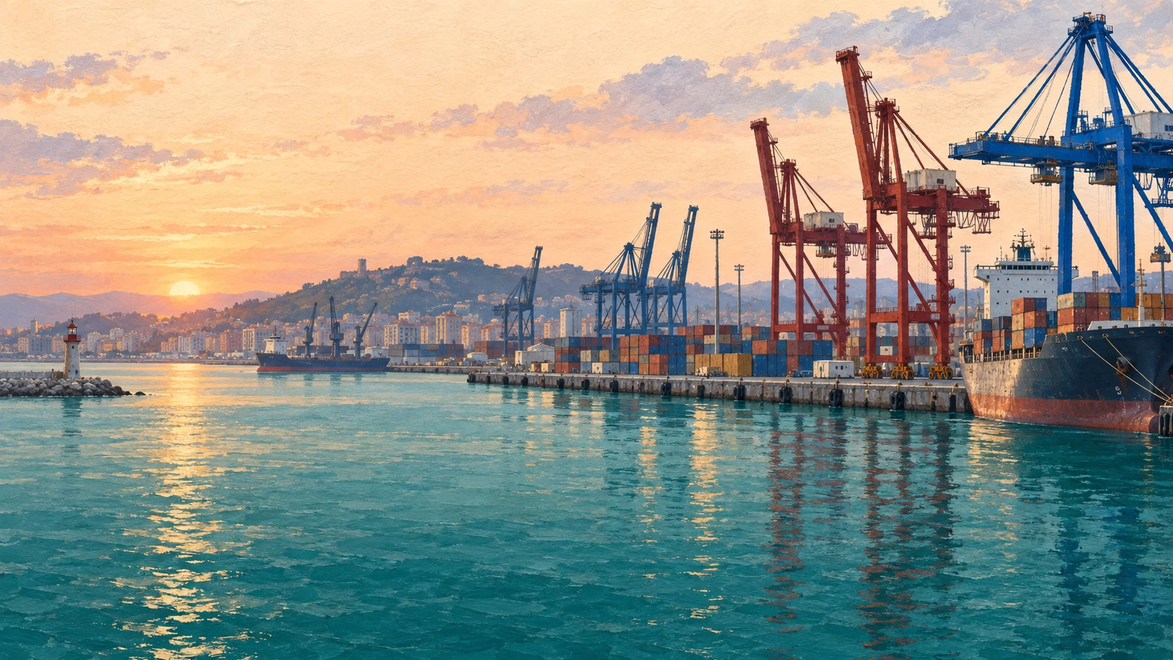 An expansive maritime and industrial documentary vista of the commercial port of Durres on the Adriatic coast at dawn.