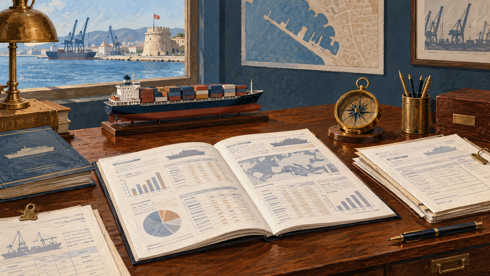 An archival and economic documentary still life on a shipping agent desk in Durres.