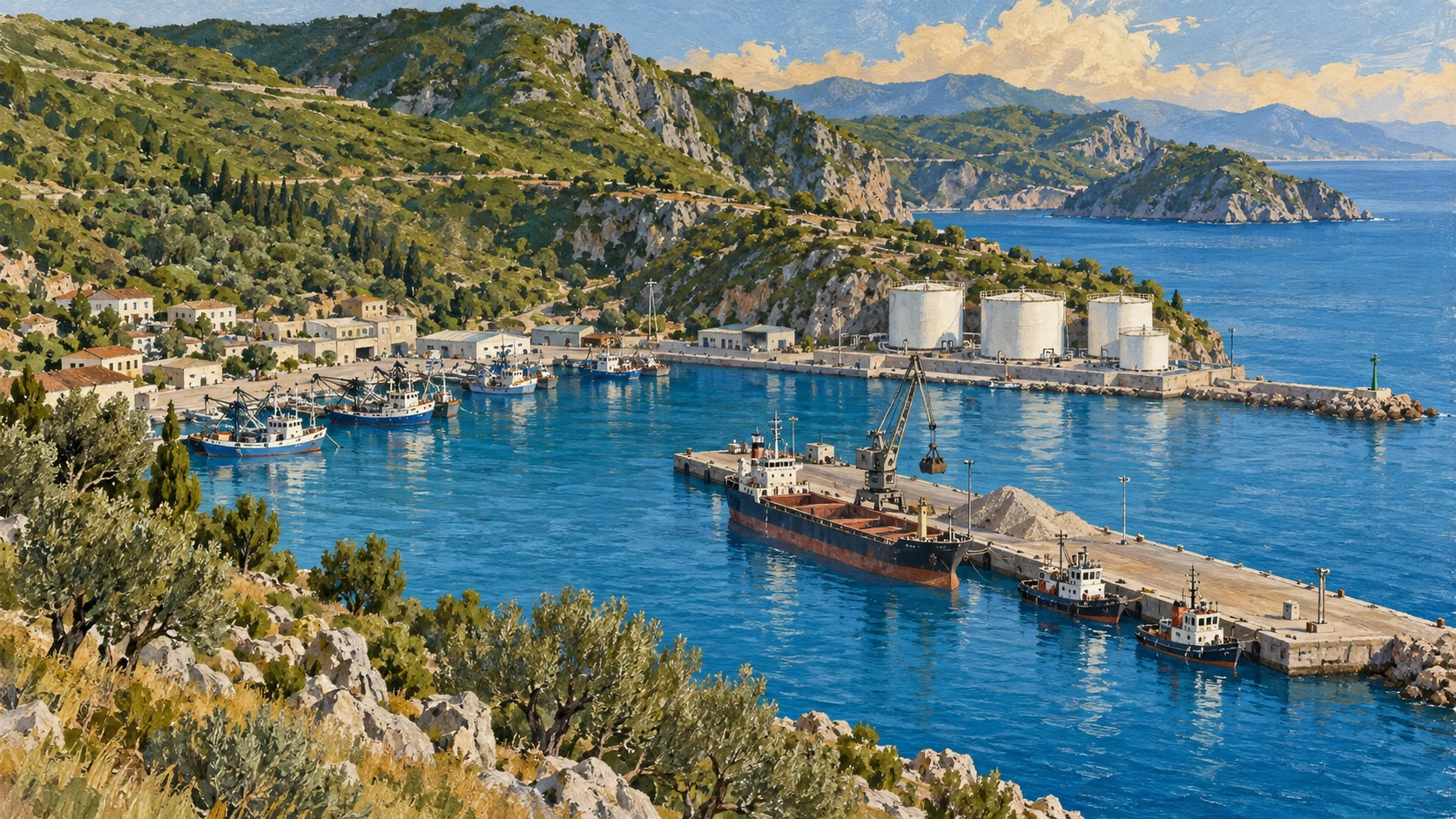 A geographic and commercial maritime landscape view of the secondary commercial harbor of Shengjin in northern Albania.