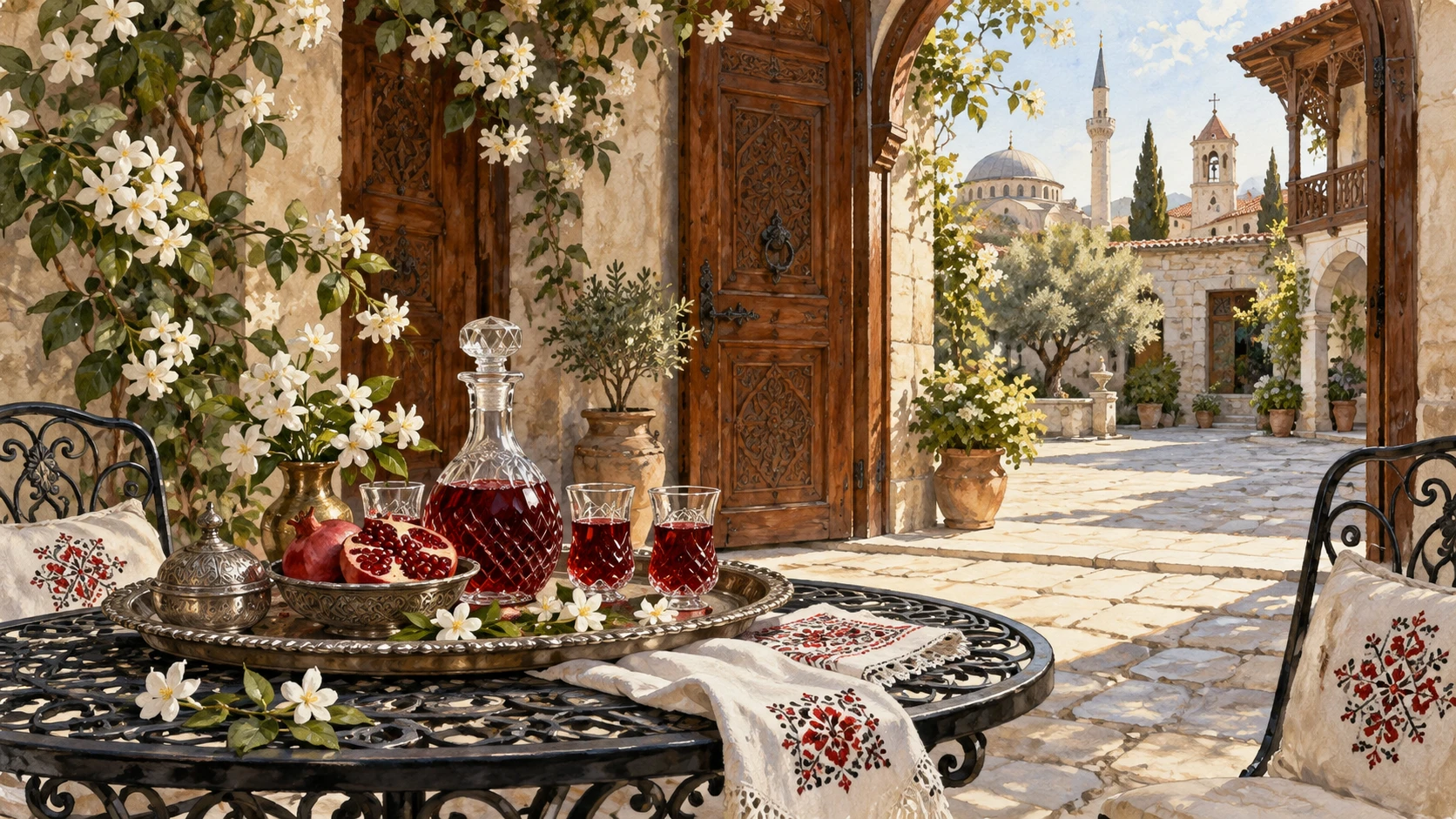 Cultural documentary still life in a sunlit historic Ottoman-Albanian courtyard.