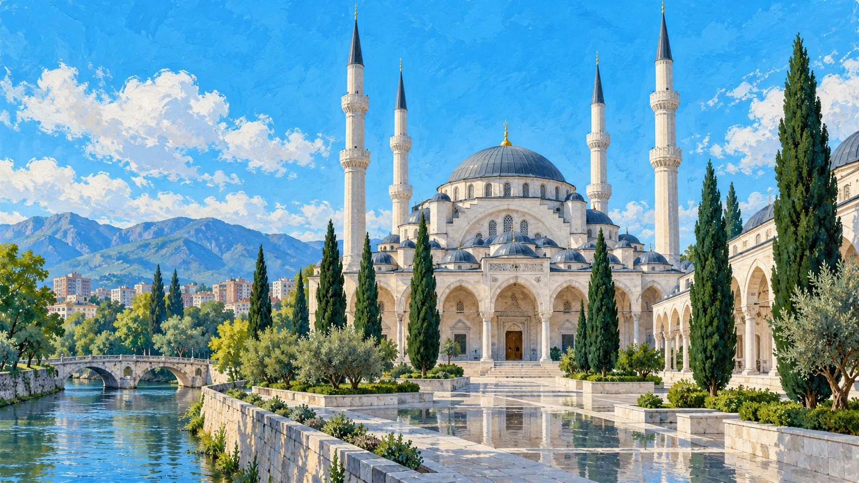 Architectural documentary view of the Great Mosque of Tirana (Namazgjah Mosque).