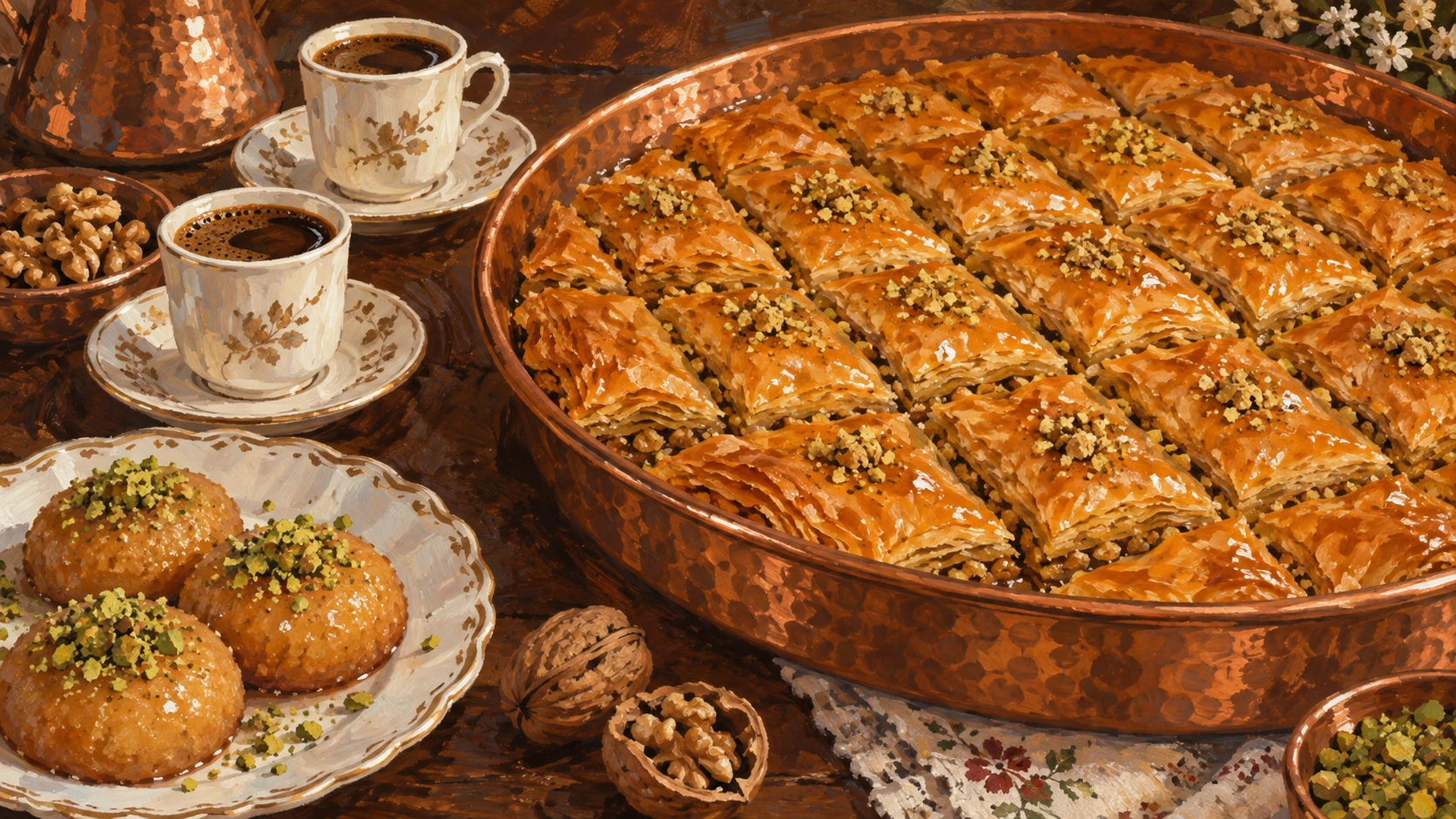 Artisanal culinary documentary close-up on a traditional walnut prep table with baklava.