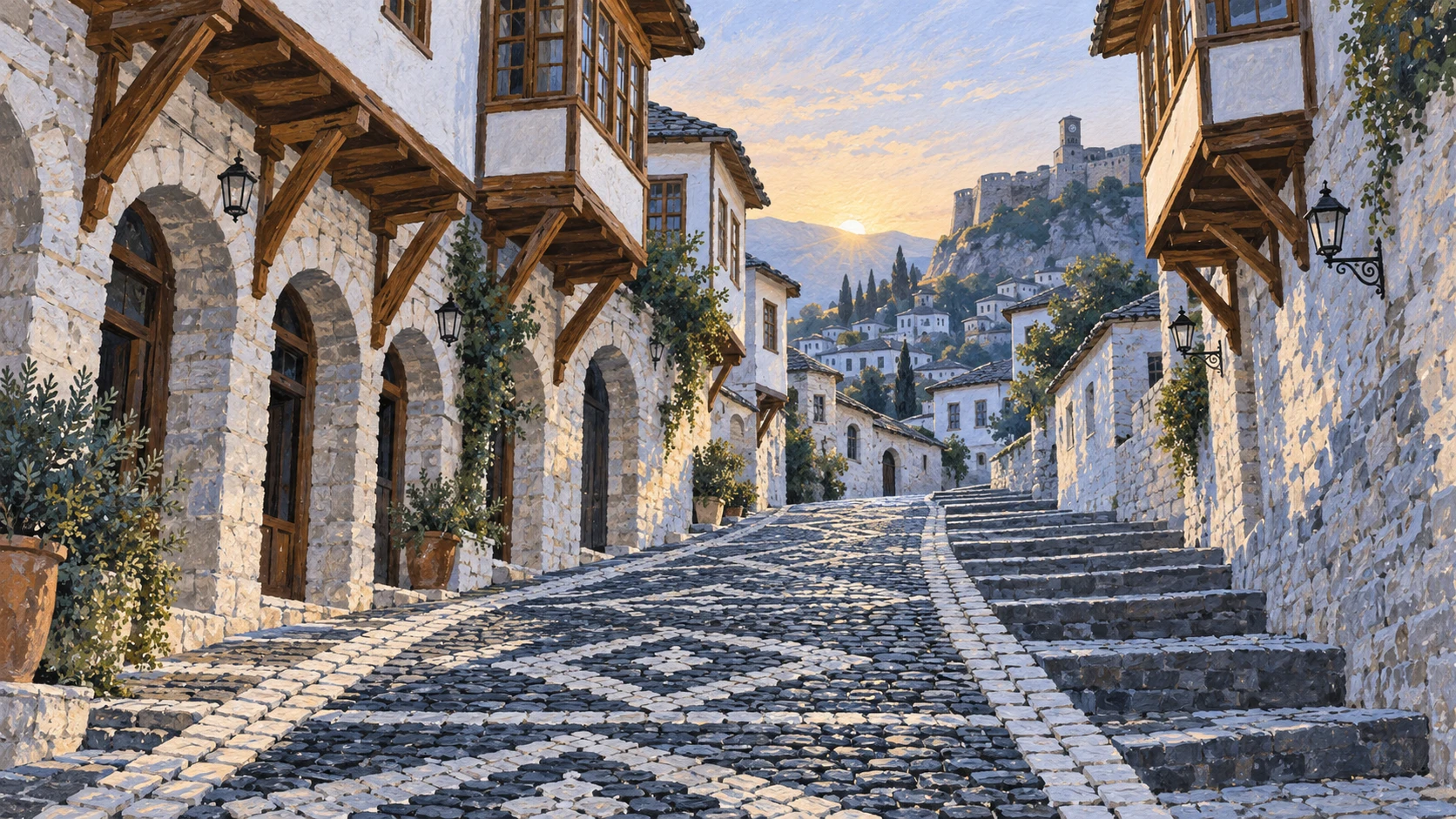 Architectural documentary view looking up the inclined cobblestone alley of Qafa e Pazarit at dawn.