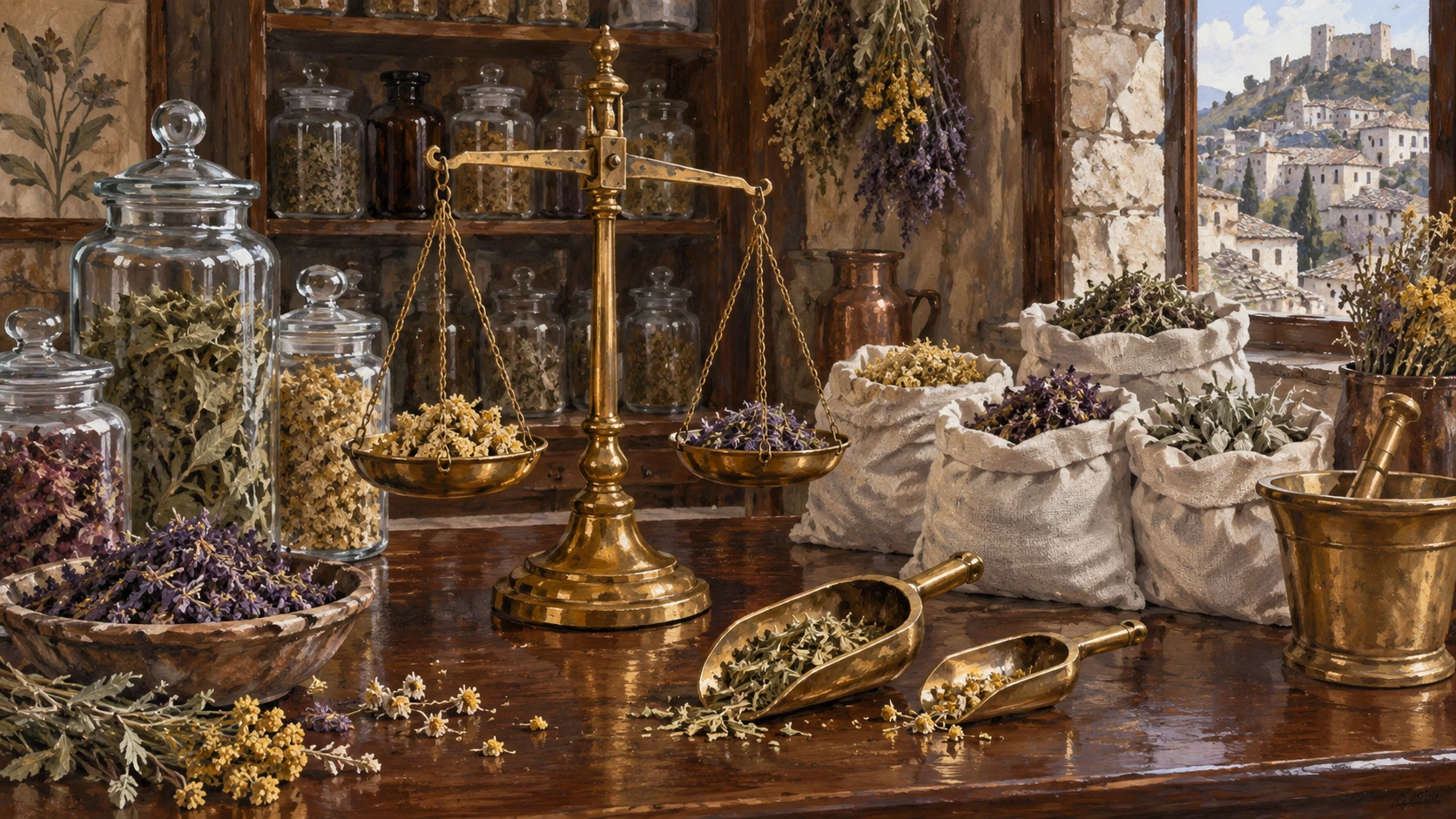Craftsman and botanical documentary close-up on a vintage brass balance scale and tin measuring scoops.