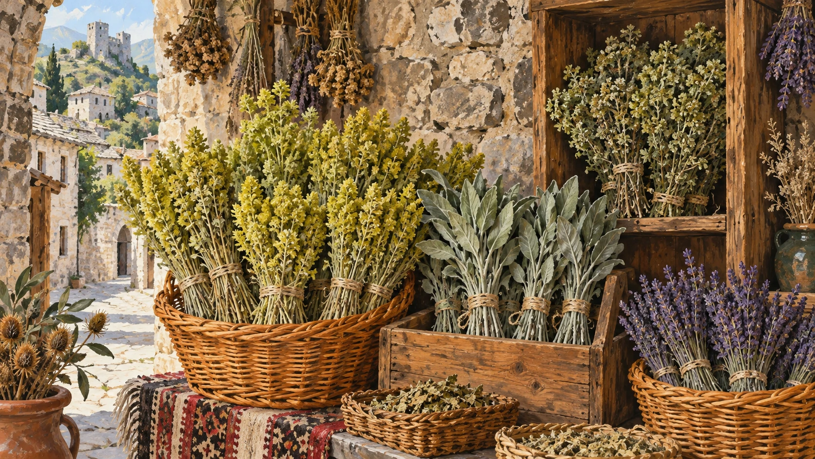 Artisanal and botanical documentary still life inside an authentic stone bazaar stall in Gjirokaster.