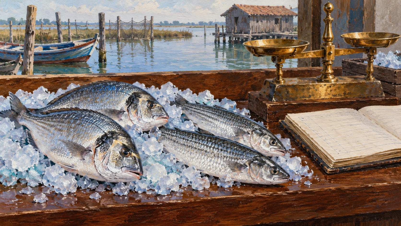 Inspection counter with fresh sea bream and grey mullet on crushed ice.