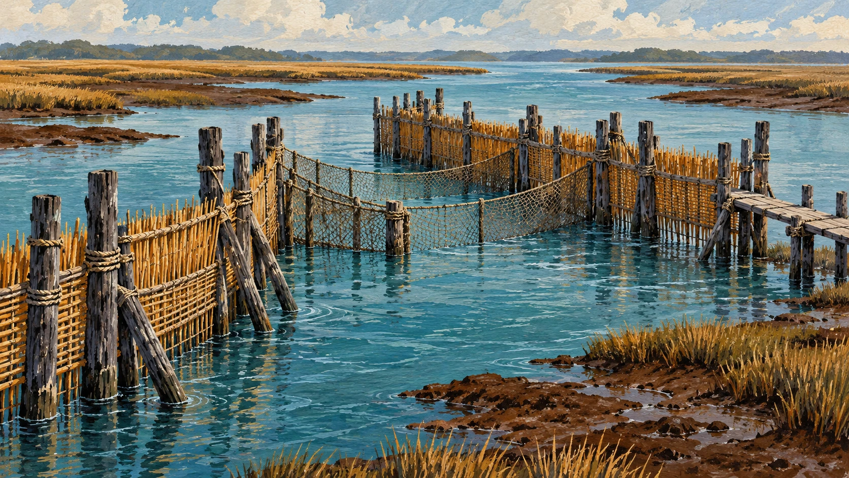 Artisanal documentary view of traditional dalljan fish weir across tidal channel.