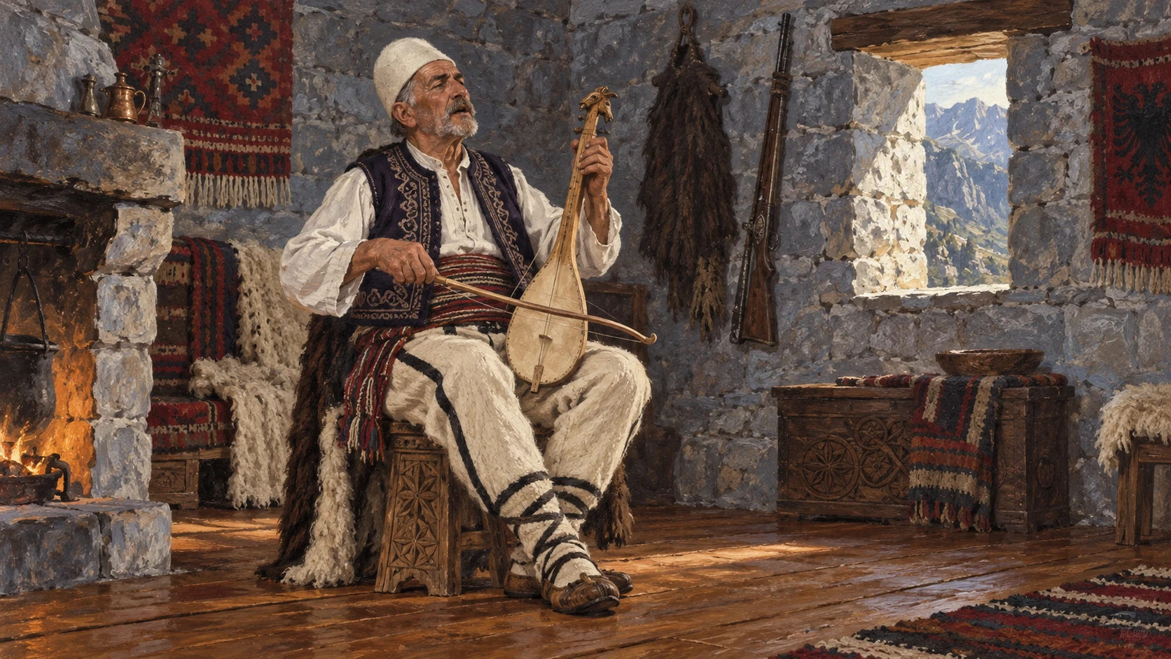 Cultural documentary depiction of a solitary highland rhapsodist playing the lahuta.