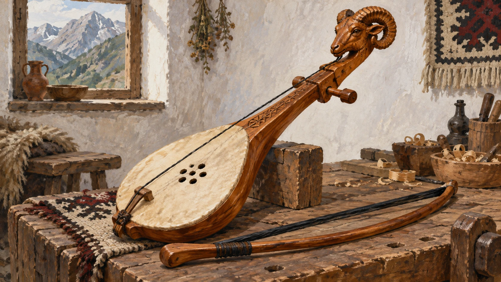 Artisanal documentary studio portrait of an authentic traditional northern Albanian lahuta.