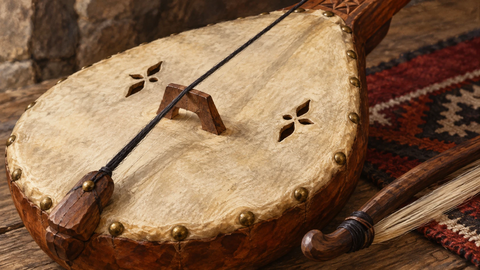 Artisanal documentary close-up view of the goatskin soundboard and horsehair bow.