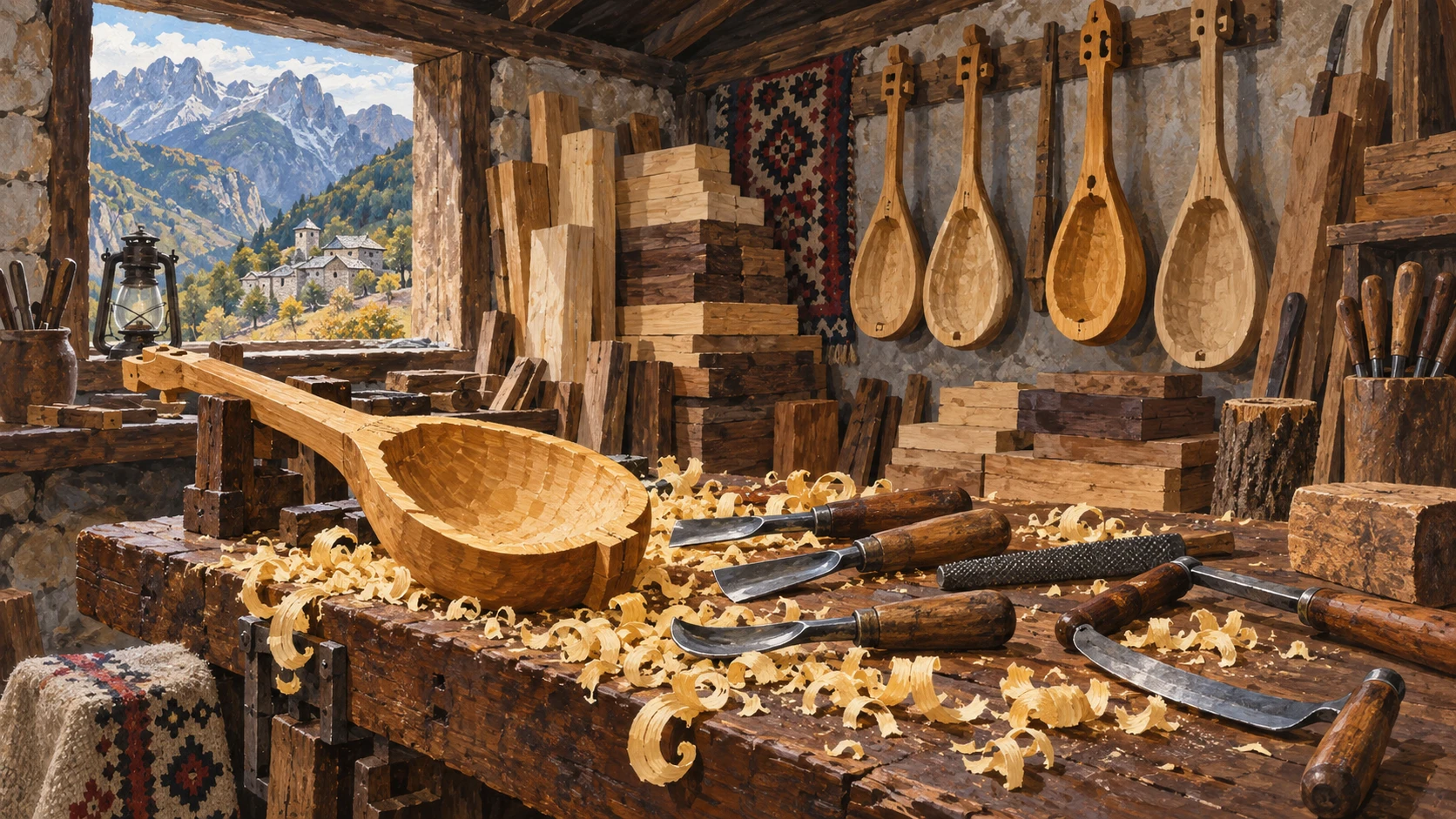Artisanal documentary interior view of a traditional instrument maker workshop.