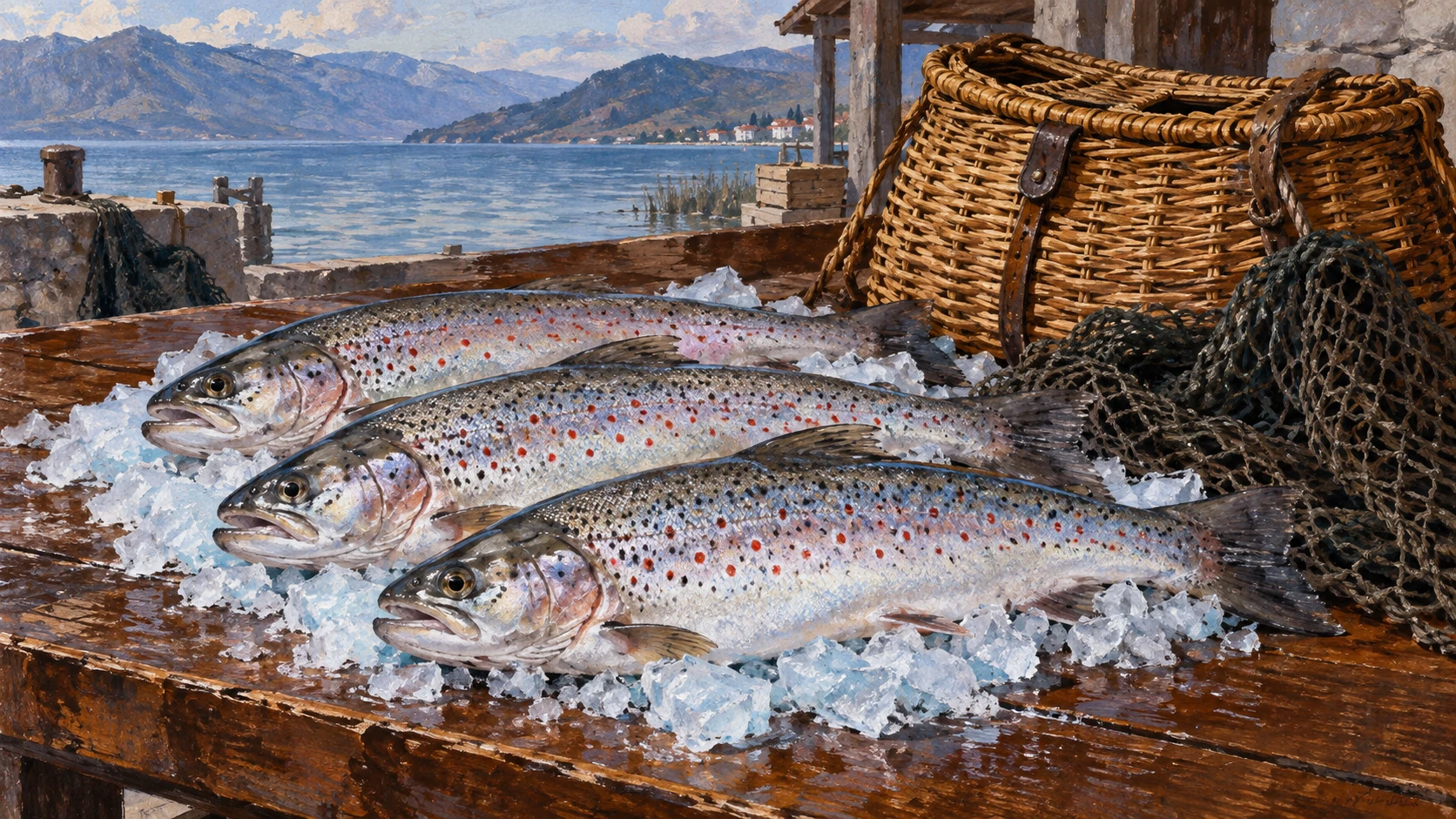 Artisanal documentary still life of endemic Ohrid trout known as koran.