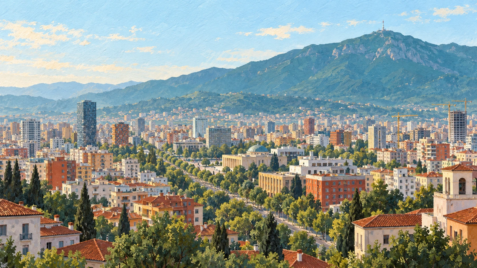 An expansive demographic and geographic landscape vista of Tirana with Mount Dajti rising in the background.