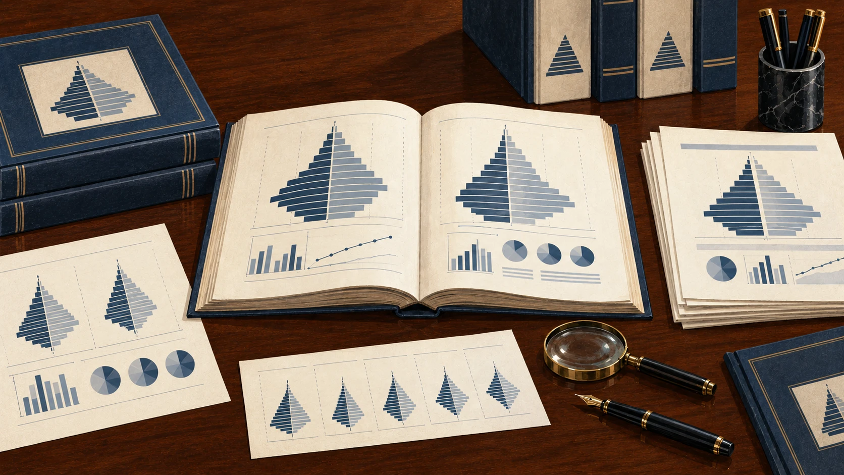 An archival still life on an official demography research desk showing open statistical demographic yearbooks and population charts.