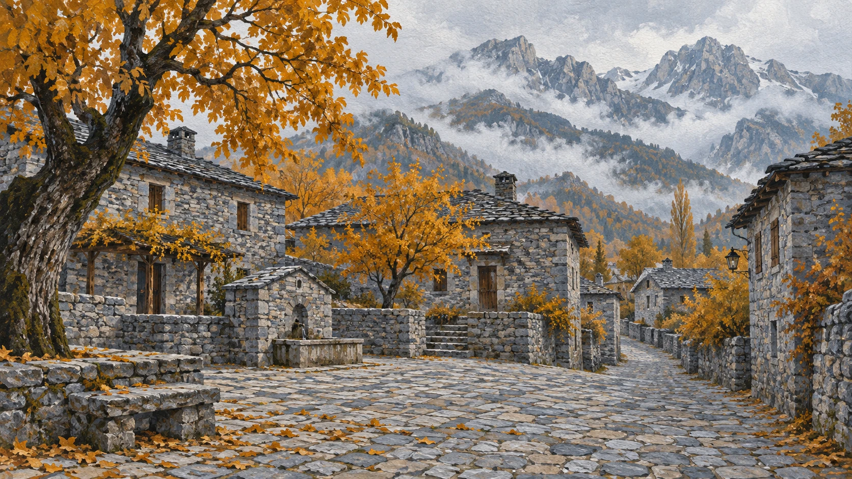 A quiet landscape documentary view of a stone village square in the northern Albanian highlands under overcast sky.