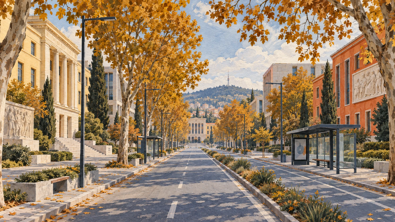 An architectural documentary view looking down a vibrant tree-lined university boulevard in central Tirana.