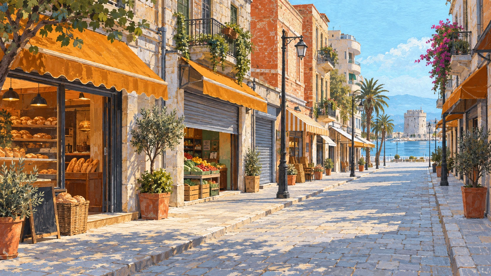 An expansive commercial streetscape in Tirana featuring small independent storefronts and family trade enterprises.