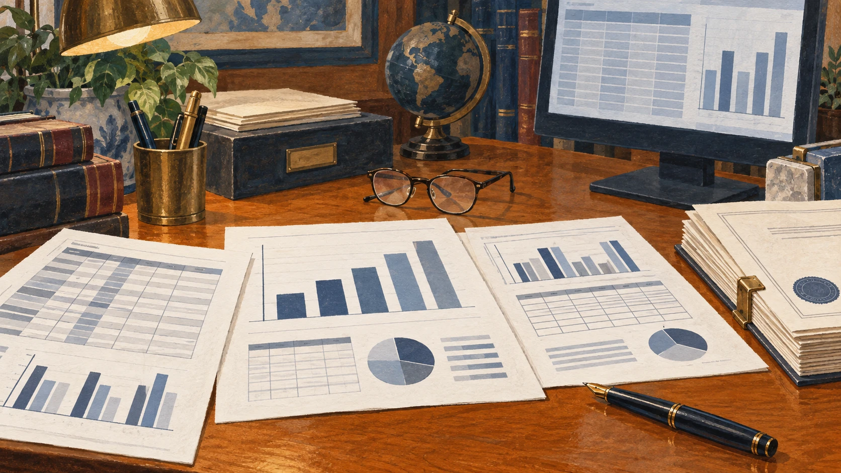 An archival still life on an economics research desk showing open INSTAT statistical tables and SME publications.